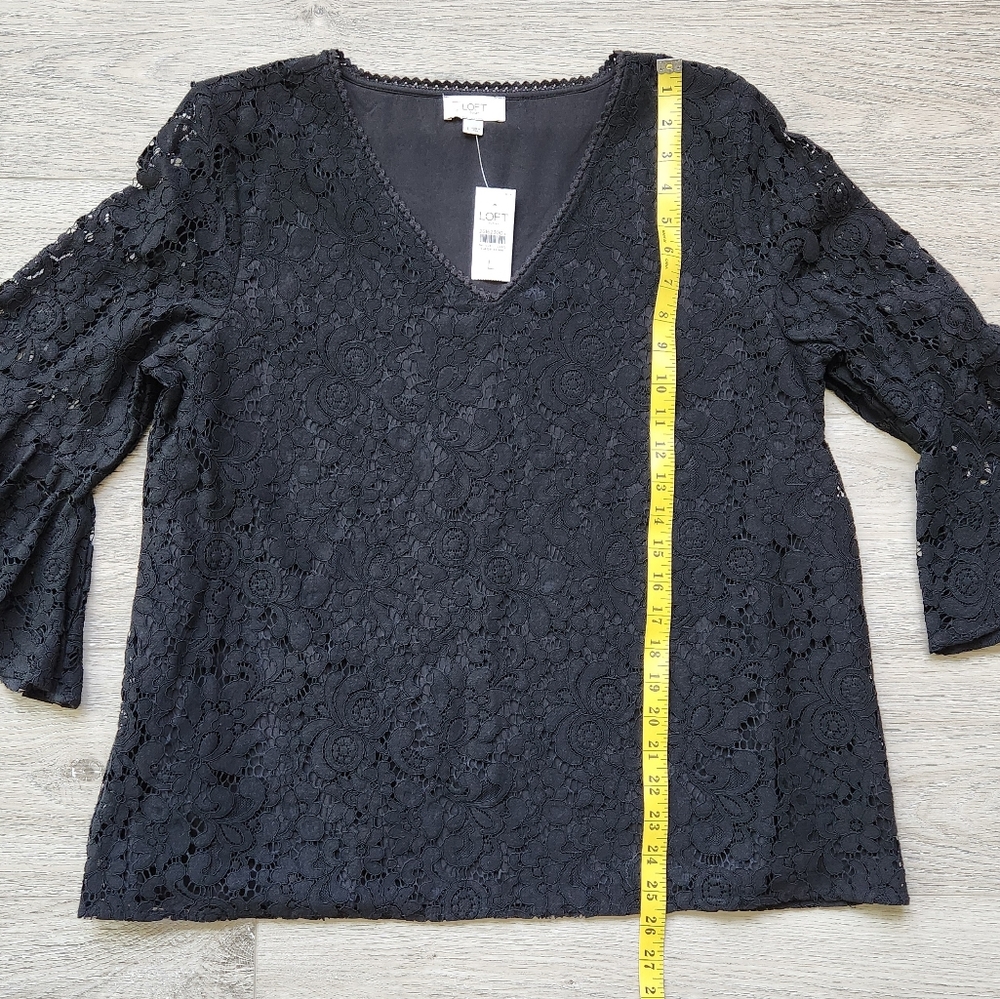 Loft Outlet Black Lace Top Womens Large Flare Sleeve V Neck Dressy Business - Picture 10 of 11